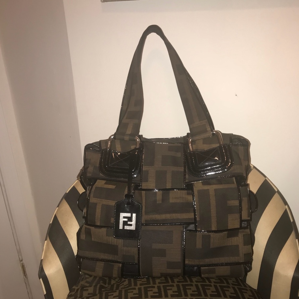 Fendi Canvas & Black Patent Leather Crossword Tote